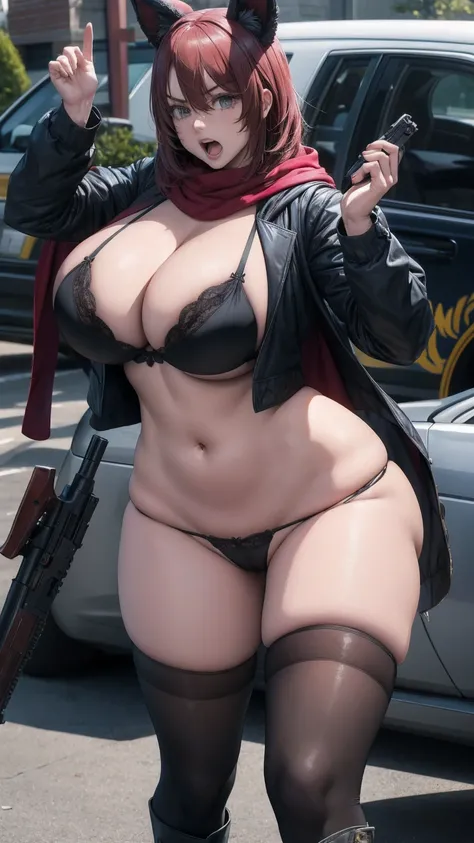 1girl, breasts, open mouth, large breasts, thighhighs, navel, holding, animal ears, cleavage, underwear, panties, weapon, boots, solo focus, hood, scarf, holding weapon, bra, gun, torn clothes, black panties, blood, mask, black bra, holding gun, handgun, d...