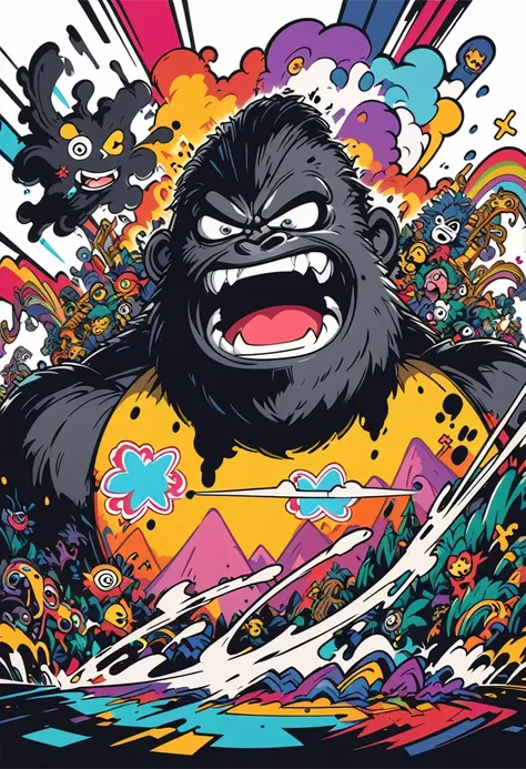 (((a sticker))), (((white background))),splash art, intricately detailed t-shirt design ready for print , 2d, ONE angry wild shouting furious  HUGE KING KONG in foreground, Jungle sunset at the background, vibe detailed design for streetwear and urban styl...