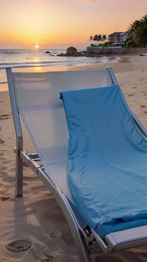 a sun lounger kept on a beach ,beautiful sunset in background , vibrant a realistic 