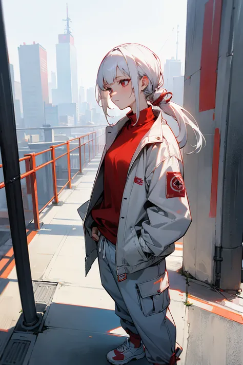 1female, white hair, tied up hair, bandaid on nose, bandages, white rolled up jacket, red shirt, baggy pants, expressionless, city background, detailed background, hands to side, standing on path