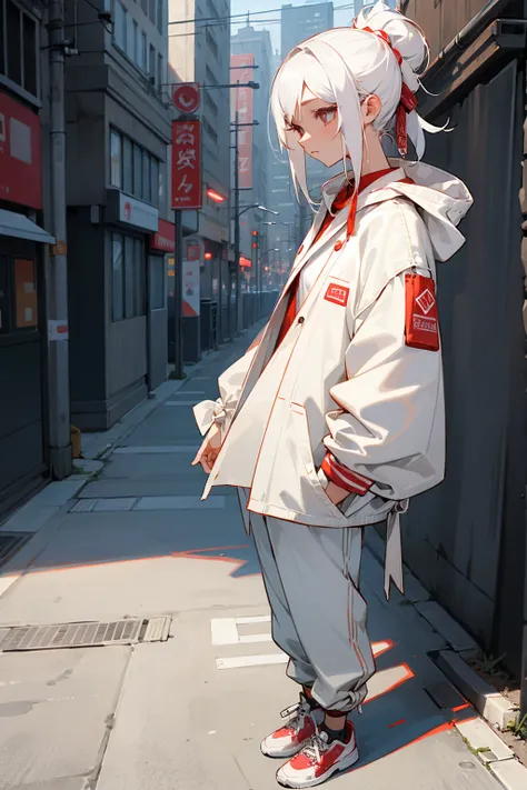 1female, white hair, tied up hair, bandaid on nose, bandages, white rolled up jacket, red shirt, baggy pants, expressionless, city background, detailed background, hands to side, standing on path