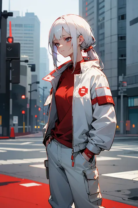 1female, white hair, tied up hair, bandaid on nose, bandages, white rolled up jacket, red shirt, baggy pants, expressionless, city background, detailed background, hands to side, standing on path