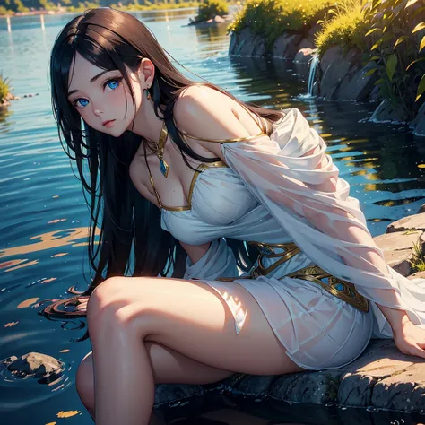 1 girl, serene expression, mesmerizing eyes, straight long black hair, blue eyes, flowing dress, poised posture, porcelain skin, subtle blush, crystal pendant BREAK golden hour, (rim lighting):1.2, warm tones, sun flare, soft shadows, vibrant colors, paint...