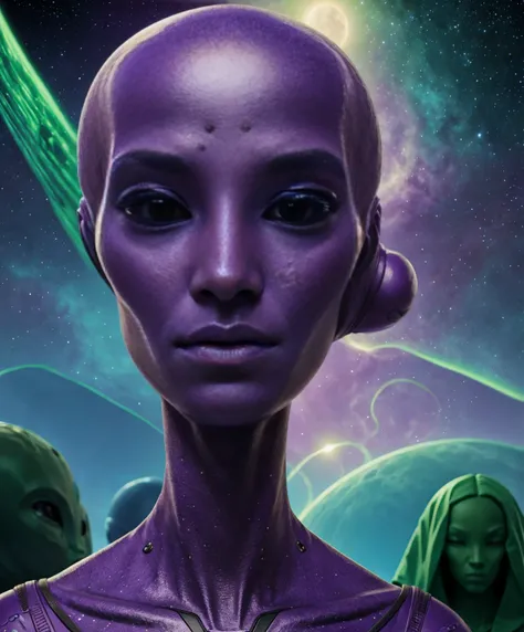 alien extraterrestrial persons exotic aliens facial features purple green cosmic scenery landscape
