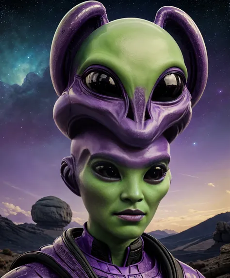 alien extraterrestrial persons exotic aliens facial features purple green cosmic scenery landscape
