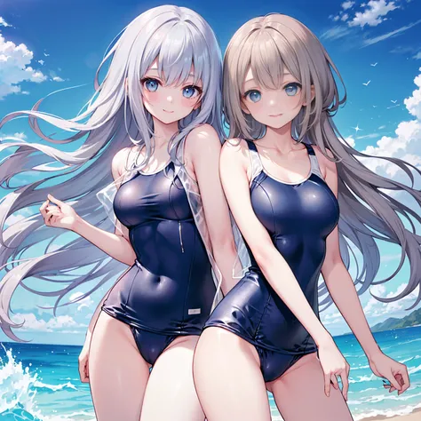 ((Highest quality)(High resolution),high school student,A light smile,(Straight hair with gray hair),(Bright Blue Eyes),school swimsuit,((see through school swimsuit))