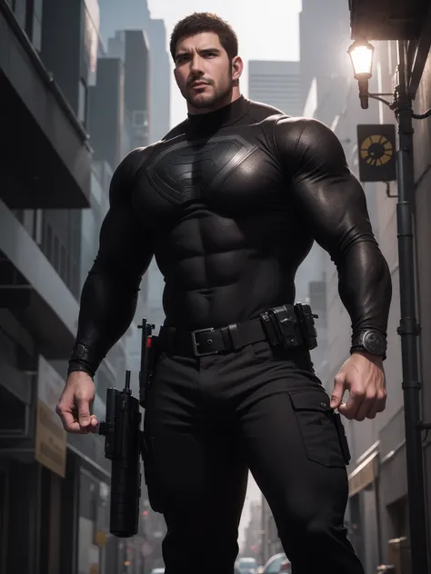 1名angry super muscular man,  short hair，on a vintage outdoor street under the hot sun, wear long sleeve dark brown superhero bla...