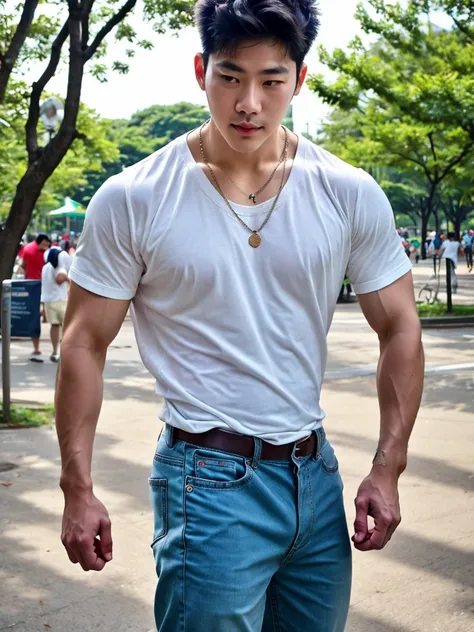 realistic​ photography​ of a​​​​ korean-thai cute boy​, 25 ages​​​ , wearing​ shirt, thin​ necklace​, at​ park,movement pose coo...