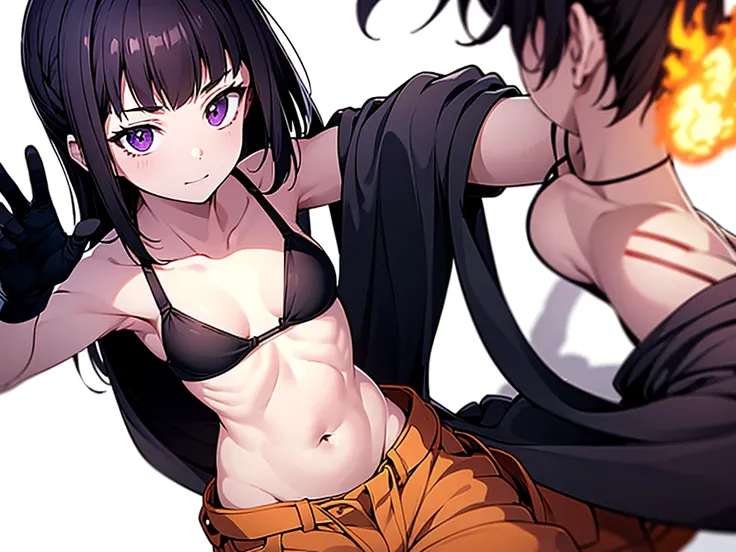 Oze Maki , (alone:1.2), ((masterpiece)), (Shadow), [slim], (Small breasts), ((Sharp focus)), Pale skin, ((Fine grain)), (Blurred Background), Flame effect, (Small bikini bra), Oversized Orange Cargo Pants, belly button, gloves, (clavicle), Dramatic Pose, P...