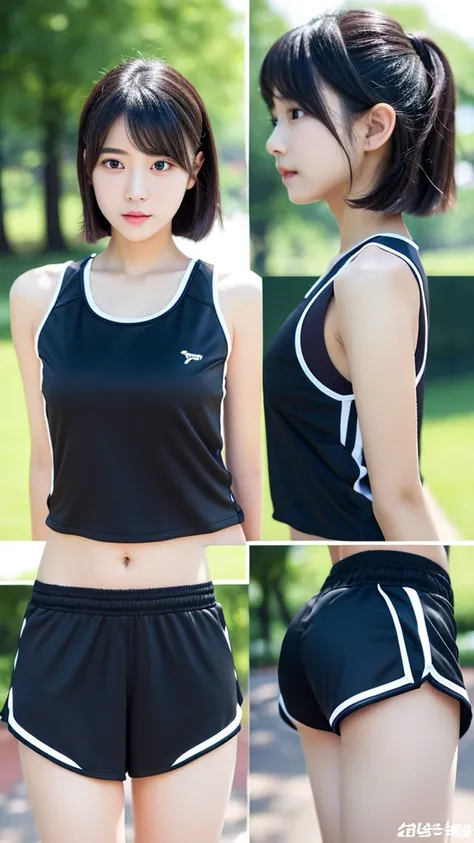 (( detail face )) ((realistic)) ((perfect face)) A girl. Black short hair. Sprot outfit. short top . running along park . Sweat. sport shoes .