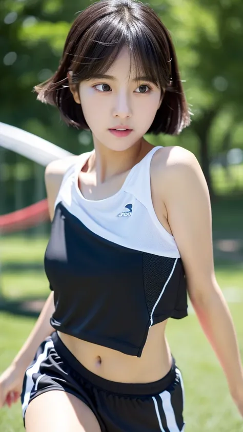 (( detail face )) ((realistic)) ((perfect face)) A girl. Black short hair. Sprot outfit. short top . running along park . Sweat. sport shoes .