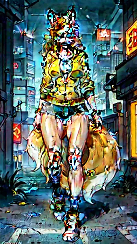 Masterpiece, ultra-detailed, (1girl, solo, Skinny fox girl, yellow sunglasses, green jacket, black shorts, yellow sneakers, orange hair, fox tail), (detailed clothes, detailed fur texture, detailed face), (cyberpunk, city background, detailed background), ...