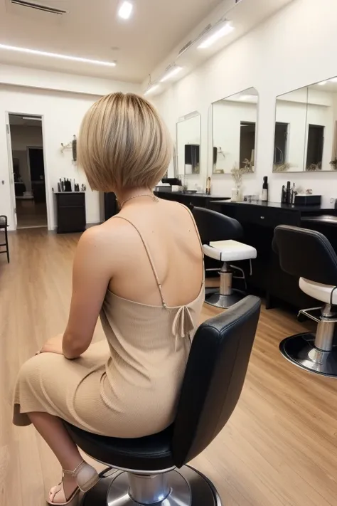 A young korean beautiful girl, 26-year-old, sexy girl, strikingly beautiful, blonde hair, (big breasts:1.2), sexy hairdresser, ((girl wearing thick beige maxi knit camisole dress)), tight one-piece mini skirt, skin tight, standing, working, barber chair,ca...