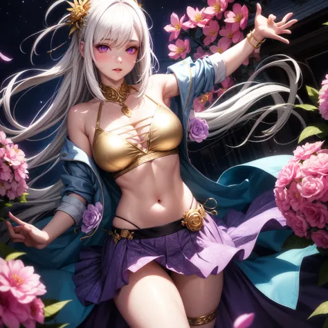 realistic, 1girl, white hair, purple eyes, glowing eyes, crop top, skirt, parted lips, blush, night, flowers, sun, sunlight,
Gold Bikini