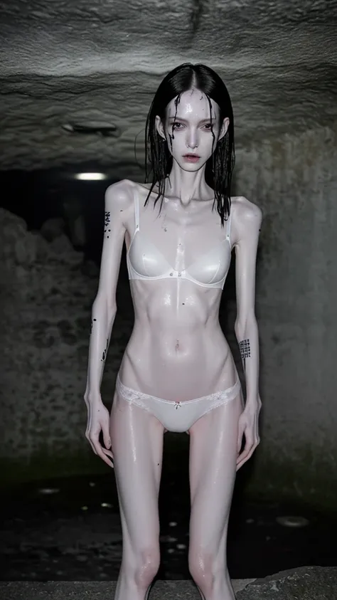 a woman, very thin body, body visible bones, very slender, sweaty wet body, pale white skin, panties, bra,tatto, full body, has a mental breakdown in an underground prison, body is very wet