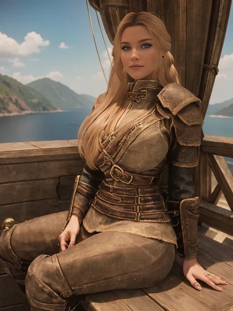 a majestic female breton warrior maiden, her long, curly blonde hair tied back by a crimson ribbon, sits cross-legged on the woo...