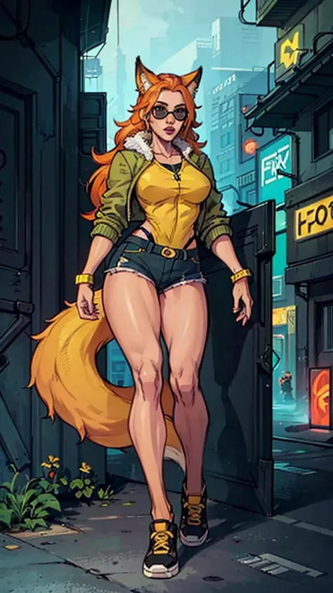 Masterpiece, ultra-detailed, (1girl, solo, Skinny fox girl, yellow sunglasses, green jacket, black shorts, yellow sneakers, orange hair, fox tail), (detailed clothes, detailed fur texture, detailed face), (cyberpunk, city background, detailed background), ...