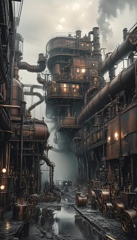 (steampunk:1.5), detailed large ruined industrial factory, foggy atmosphere, polluted environment, dirty industrial aesthetic, d...