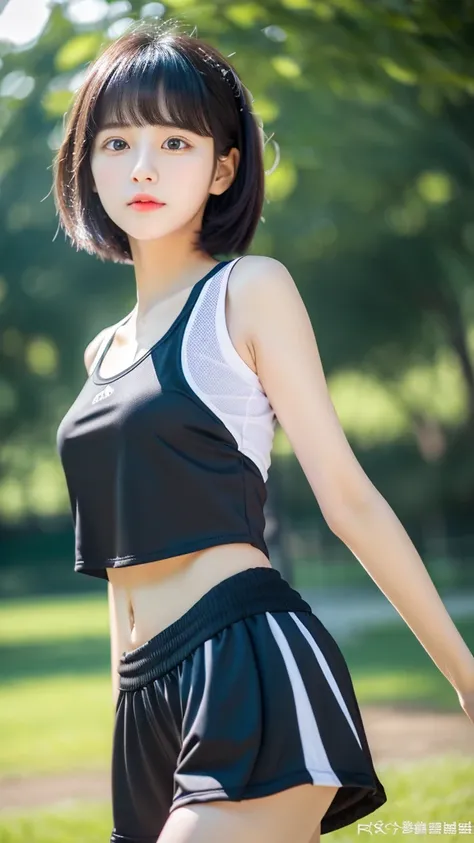 ((best quality)) (( detail face )) ((realistic)) ((perfect face)) A girl. Black short hair. Sprot outfit. short top . Walking along park . sport shoes .full body . 