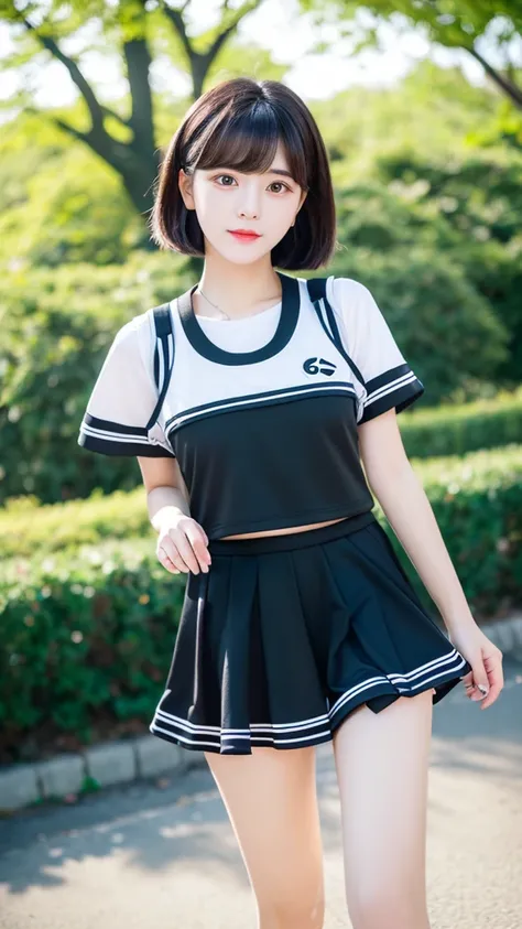 ((best quality)) (( detail face )) ((realistic)) ((perfect face)) A girl. Black short hair. Sprot outfit. short top . Walking along park . sport shoes .full body . 