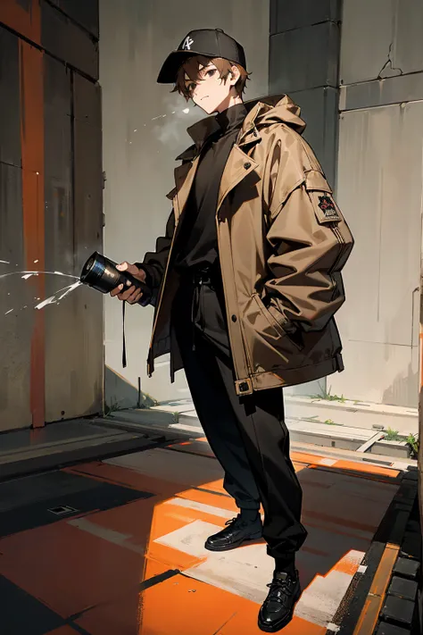 1male, light brown hair, black eyes, black baseball cap, expressionless, spray paint can in hand, baggy brown jacket, black shirt, layered clothing, black pants, city background, detailed background, hands to side, standing on path