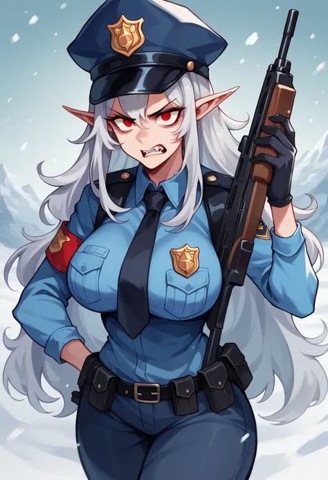 nsfw,((perfect human body)),one girl, red eyes, wavy silver hair, pointed ears, vampire, drooping eyes,police uniform,angry expr...