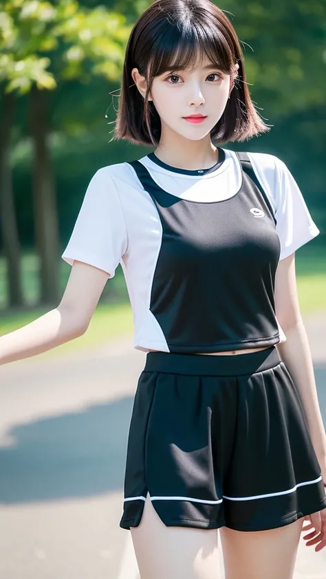 ((best quality)) (( detail face )) ((realistic)) ((perfect face)) A girl. Black short hair. Sprot outfit. short top . Walking along park . sport shoes .full body . 