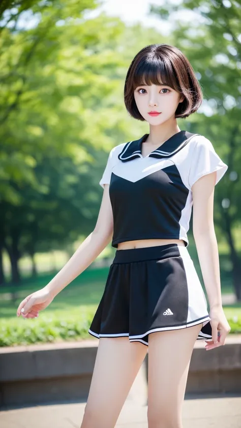 ((best quality)) (( detail face )) ((realistic)) ((perfect face)) A girl. Black short hair. Sprot outfit. short top . Walking along park . sport shoes .full body . 