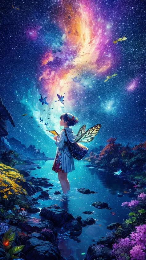 Cute girl characters、Describe the scene of leaf butterflies flying on the water, Looking at the stars. Surround her with colorful nebulae and colorful forests.