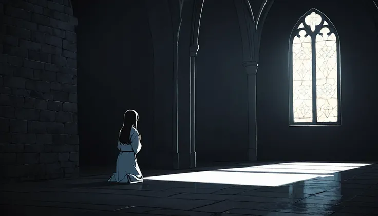 High definition animation. A girl is kneeling in a slightly dark church, looking at Jesus hanging on the lonely wall and praying. One window. Girls half body shot