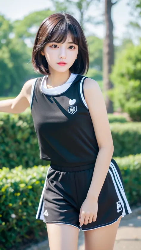 ((best quality)) (( detail face )) ((realistic)) ((perfect face)) A girl. Black short hair. Sprot outfit. short top . Walking along park . sport shoes .full body . Front view