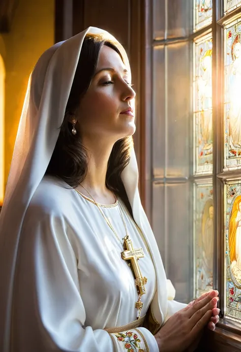 Virgin Mary in church，prayer，There is sunshine by the window