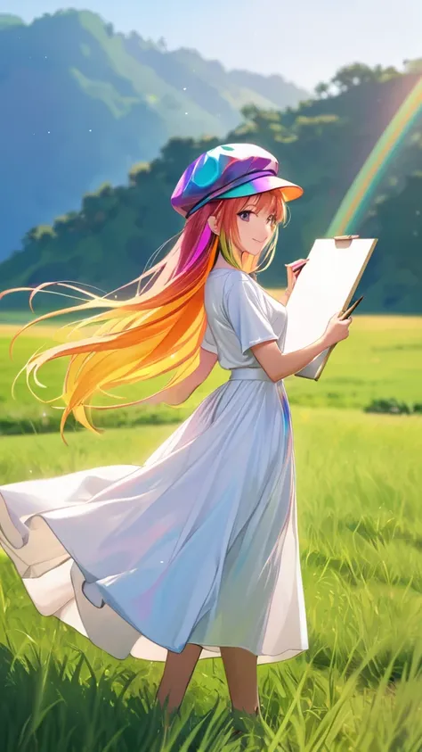 1 Female, Beautiful, Humble, Kind, long hair upper waist Stright, Multi-Colours Hairs, wear rainbow colours Newsboy Cap, White Drees flowing with skirt, holding brush front blank canvas, Open grassland background in the morning.