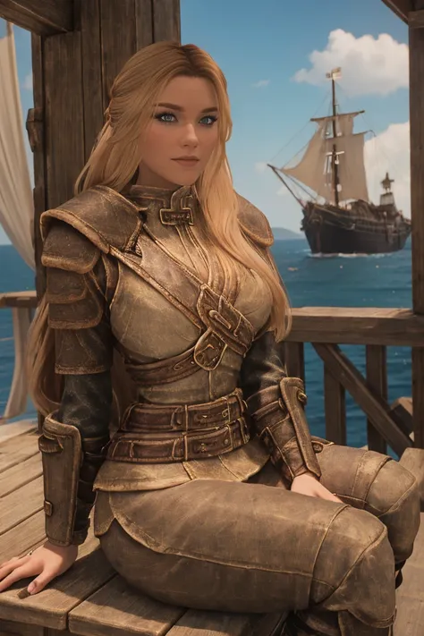 A majestic female Breton warrior maiden, her long, curly blonde hair tied back by a crimson ribbon, sits cross-legged on the wooden deck of the majestic ship in Daggerfalls harbor, basking in the warm sunlight. Her armor, adorned with intricate silver fili...