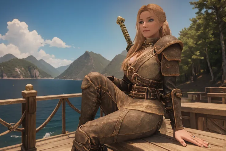 A majestic female Breton warrior maiden, her long, curly blonde hair tied back by a crimson ribbon, sits cross-legged on the wooden deck of the majestic ship in Daggerfalls harbor, basking in the warm sunlight. Her armor, adorned with intricate silver fili...