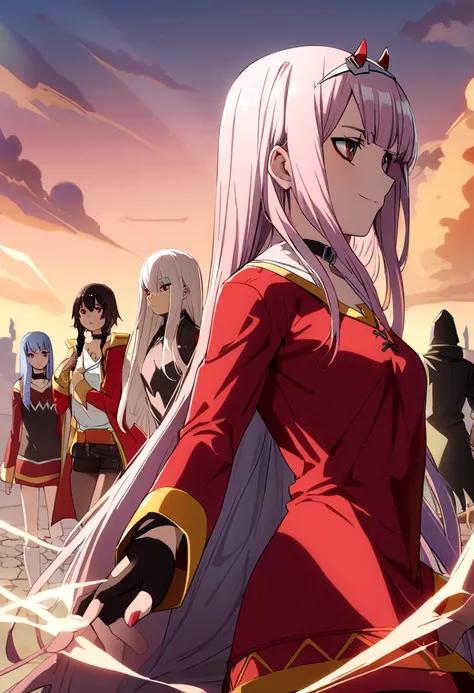 Megumin, echidna, zero two, Roxy, anime clothing, vista al espectador.