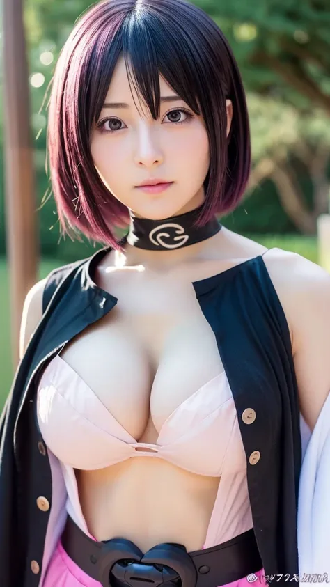 ((best quality)) (( detail face )) ((realistic)) ((perfect face)) A girl. Black short hair. Haruno Sakura cosplay.  Haruno Sakura custom. Cosplay. Anime cosplay. Character from Naruto Shippuden. Unbutton top.  Big breast. Sexy poses 