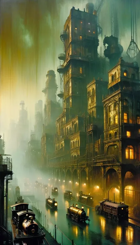 (steampunk:1.5), detailed large ruined city foggy atmosphere, polluted environment, dirty industrial aesthetic, dystopian atmosphere, dramatic lighting, muted color palette, highly detailed masterpiece (best quality, 4k, 8k, high resolution, artwork master...