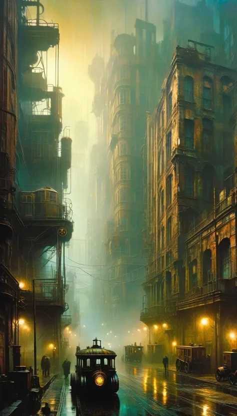 (steampunk:1.5), detailed large ruined city foggy atmosphere, polluted environment, dirty industrial aesthetic, dystopian atmosphere, dramatic lighting, muted color palette, highly detailed masterpiece (best quality, 4k, 8k, high resolution, artwork master...