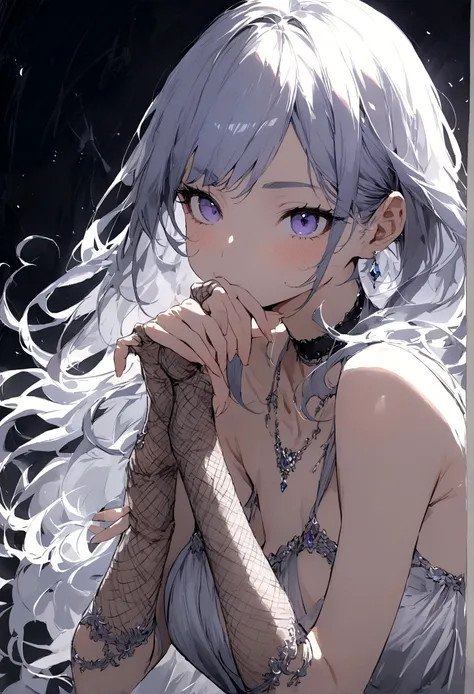 super detailed,beautiful skinned girl,cheek in hand,cool expression,action pose,delicate line drawing,open-shouldered dress & choker & mesh gloves in light purple tones,silver,dark blue hair,majestic,dark fantasy,masterpiece,enchanting