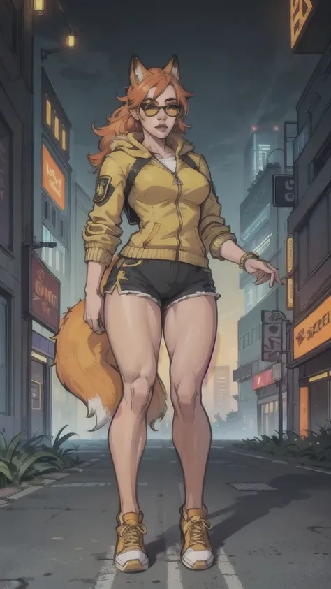 Masterpiece, ultra-detailed, (1girl, solo, Skinny fox girl, yellow sunglasses, green jacket, black shorts, yellow sneakers, orange hair, fox tail), (detailed clothes, detailed fur texture, detailed face), (cyberpunk, city background, detailed background), ...