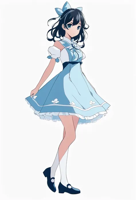 silhouette of girl, a cute girl , wearing an anime dress, The character design is in the style of anime with a white background and a full body portrait. 