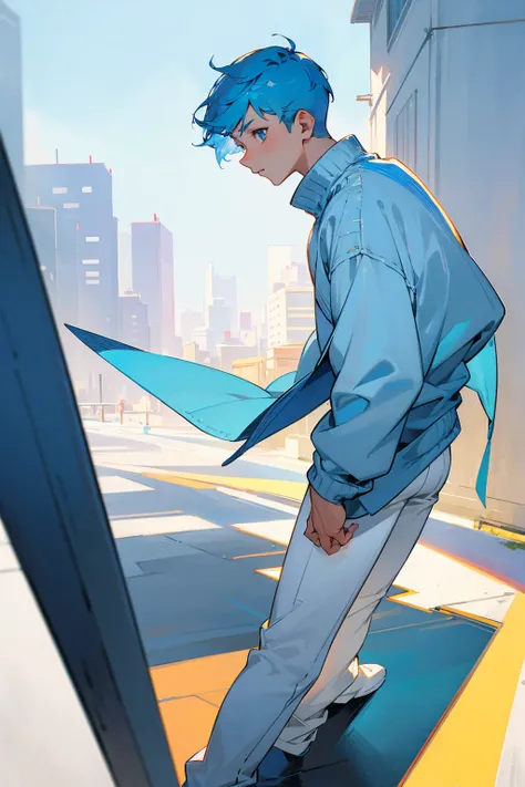 1male, light blue hair, short undercut hair, blue eyes, blue oversized design sweater, white pants, white accented clothing, city background, detailed background, hands to side, standing on path