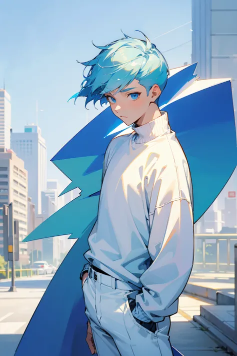 1male, light blue hair, short undercut hair, blue eyes, blue oversized design sweater, white pants, white accented clothing, city background, detailed background, hands to side, standing on path