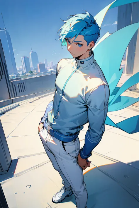 1male, light blue hair, short undercut hair, blue eyes, blue oversized design sweater, white pants, white accented clothing, city background, detailed background, hands to side, standing on path