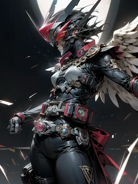 Kamen Rider,Angel, woman,heaven arena background,rider belt sparking,morter cycle riding