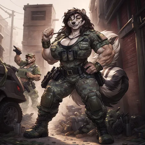 solo, 1girl, skunk, female, buff, muscular, huge breasts, gold eyes, highly detailed eyes, Amazon, wearing camouflage_uniform, (urban uniform:1.2), military camp, rolled sleeves, shirt, trousers, cleavage, standing upright, combat boots, full body, smiling...