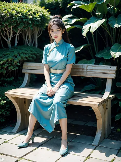 The Araved woman sits on a bench with large leaves in the garden, gorgeous chinese models, full-body xianxia, xintong chen, Chinese girl, Cheongsam, wenfei ye, trending at cgstation, shaxi, with acient chinese clothes, Yun Ling, queen of the sea mu yanling...