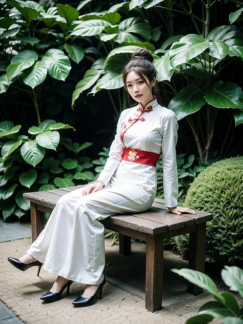 The Araved woman sits on a bench with large leaves in the garden, gorgeous chinese models, full-body xianxia, xintong chen, Chinese girl, Cheongsam, wenfei ye, trending at cgstation, shaxi, with acient chinese clothes, Yun Ling, queen of the sea mu yanling...