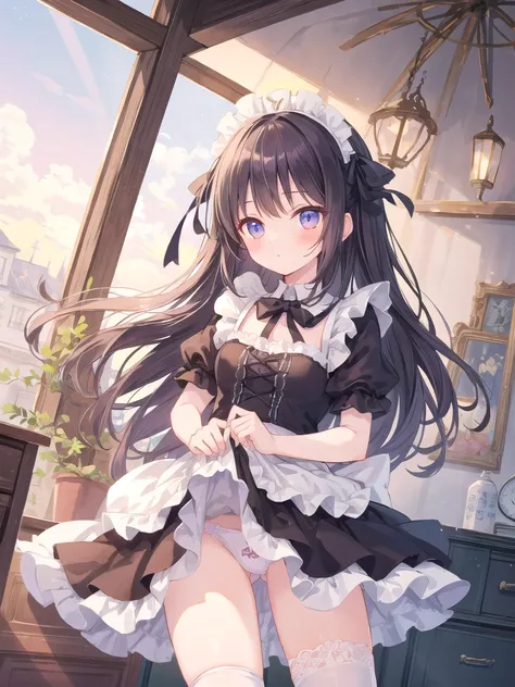 Girl in maids outfit, fairy tale room. High quality, masterpiece,panty